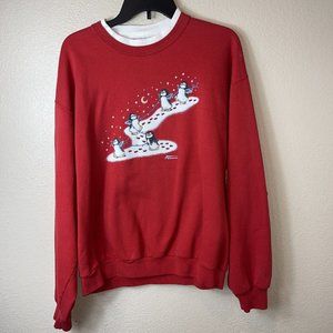 VTG 90’s Morning Sun Red Winter Penguins Christmas Snow Sweatshirt XL‎
